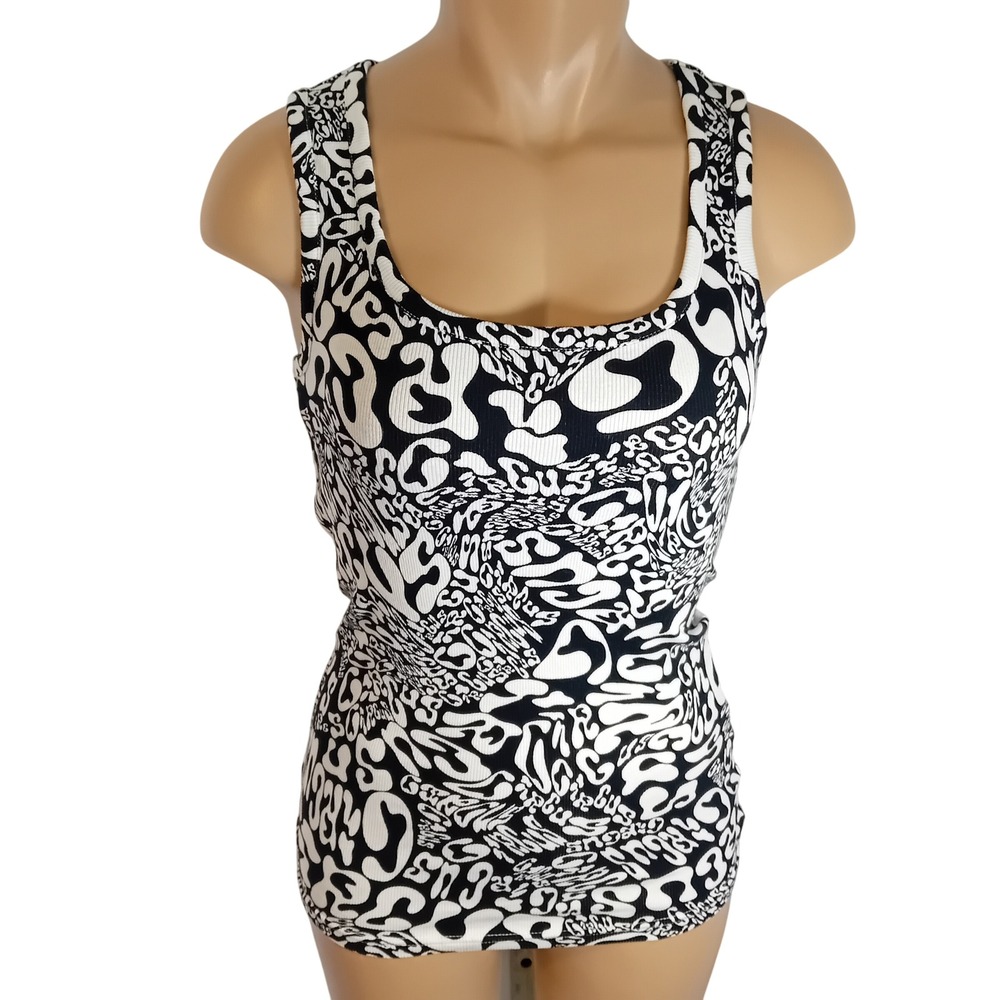 Circus NY by Sam‎ Edelman Black White Graphic All Over Logo Tank Top Edgy Punk M